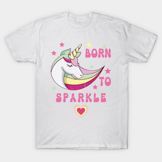 Born To Sparkle Groovy Unicorn With Stars and Heart T-Shirt by teezeedy